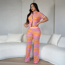 Stripe Lapel Tops Two Piece Pants Set GYHF-32598SBY