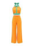 Contrast Color Patchwork Backless Two Piece Pants Set HNIF-ZM025