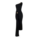 Solid Color Single Shoulder Maxi Dress FENF-5006