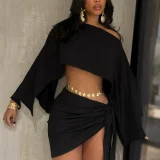 Slash Shoulder Solid Top Two Piece Skirts Set HNIF-YM127