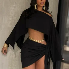 Slash Shoulder Solid Top Two Piece Skirts Set HNIF-YM127