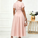 Plus Size Lapel Short Sleeve Tie Up Midi Dress GCZF-8662