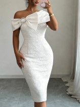 One Shoulder Sexy Bow Jacquard Midi Dress GKEN-AM050551