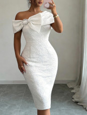 One Shoulder Sexy Bow Jacquard Midi Dress GKEN-AM050551
