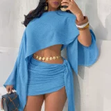 Slash Shoulder Solid Top Two Piece Skirts Set HNIF-YM127