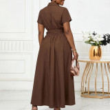 Plus Size Lapel Short Sleeve Tie Up Midi Dress GCZF-8662