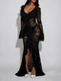 Lace V Neck Long Sleeve Maxi Dress AIL-348