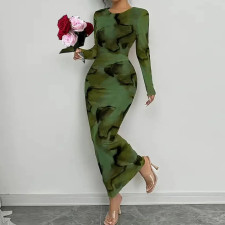 Tie Dye Print Long Sleeve Maxi Dress GYHF-60254