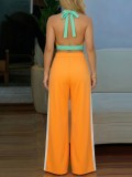 Contrast Color Patchwork Backless Two Piece Pants Set HNIF-ZM025
