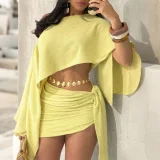 Slash Shoulder Solid Top Two Piece Skirts Set HNIF-YM127