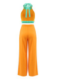 Contrast Color Patchwork Backless Two Piece Pants Set HNIF-ZM025