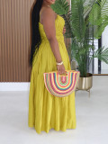 Solid Color Ruched Sling Maxi Dress AIL-349