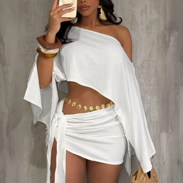 Slash Shoulder Solid Top Two Piece Skirts Set HNIF-YM127