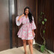 V Neck Print Flare Sleeve Mini Dress GQLK-KG6329