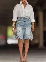 Casual Print Holes Denim Fifth Pants OD-8780