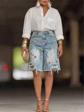 Casual Print Holes Denim Fifth Pants OD-8780