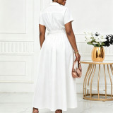 Plus Size Lapel Short Sleeve Tie Up Midi Dress GCZF-8662
