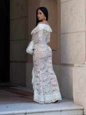 Lace V Neck Long Sleeve Maxi Dress AIL-348