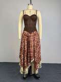 Retro Plaid Print Irregular Long Skirt 2 Piece Set GCNE-75207