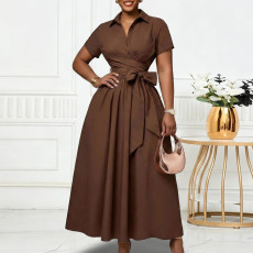 Plus Size Lapel Short Sleeve Tie Up Midi Dress GCZF-8662