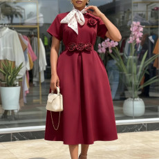Plus Size Short Sleeve 3D Flower Midi Dress GATE-627