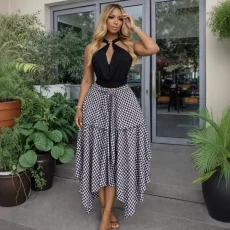 Plaid Print Tie Up Irregular Long Skirts GCNE-75218