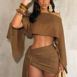 Slash Shoulder Solid Top Two Piece Skirts Set HNIF-YM127