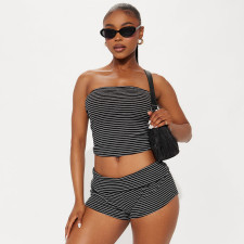 Stripe Wrap Chest Top Two Piece Shorts Set GDSF-D26ST116