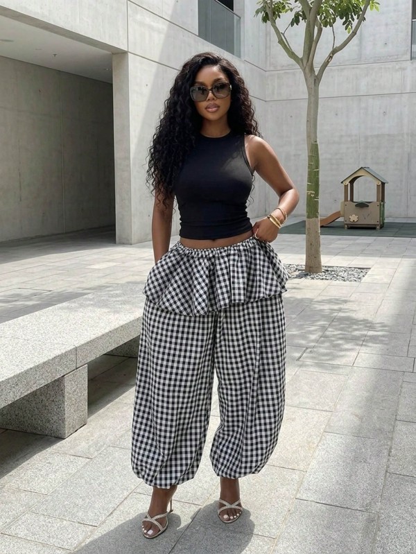 Plaid Print Loose Wide Leg Pants GHYX-TXY5340