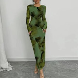 Tie Dye Print Long Sleeve Maxi Dress GYHF-60254