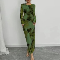 Tie Dye Print Long Sleeve Maxi Dress GYHF-60254