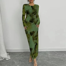 Tie Dye Print Long Sleeve Maxi Dress GYHF-60254
