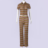 Stripe Lapel Tops Two Piece Pants Set GYHF-32598SBY