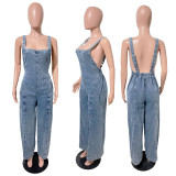 Fashion Washed Denim Loose Jumpsuit LX-6076