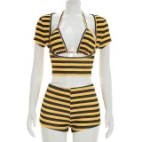 Stripe Print Short Sleeve Three Piece Shorts Set GDSF-J26ST161