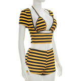 Stripe Print Short Sleeve Three Piece Shorts Set GDSF-J26ST161