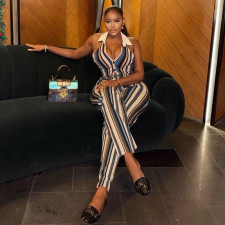 Stripe Print Lapel Sleeveless Two Piece Pants Set GJYO-JS919171