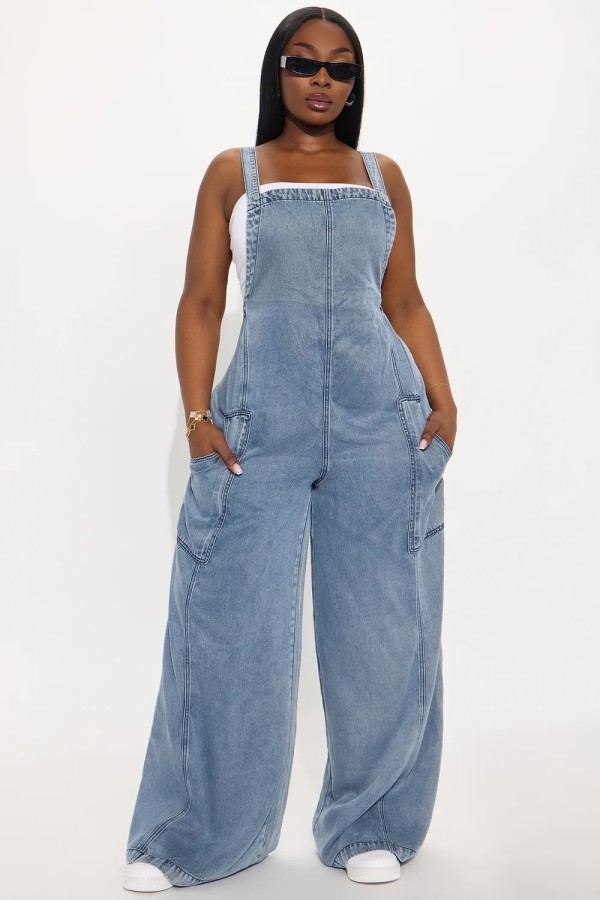 Fashion Washed Denim Loose Jumpsuit LX-6076