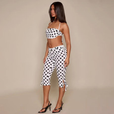 Polka Dots Print Halterneck Top Seventh Pants Suit GSZM-C26ST128