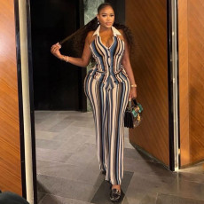 Stripe Print Lapel Sleeveless Two Piece Pants Set GJYO-JS919171