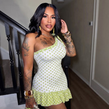 Polka Dots Print Slash Shoulder Mini Dress MXBF-J26DS154