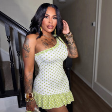 Polka Dots Print Slash Shoulder Mini Dress MXBF-J26DS154