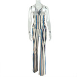 Stripe Print Lapel Sleeveless Two Piece Pants Set GJYO-JS919171