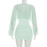 Solid Color Mesh Shawl Top+ Mini Dress 2 Piece Set GSZM-C26DS172