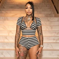 Stripe Print Short Sleeve Three Piece Shorts Set GDSF-J26ST161