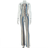Stripe Print Lapel Sleeveless Two Piece Pants Set GJYO-JS919171