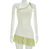 Polka Dots Print Slash Shoulder Mini Dress MXBF-J26DS154