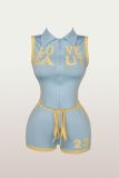 Letter Print Zipper Lapel Two Piece Shorts Set YWXS-K26L2408