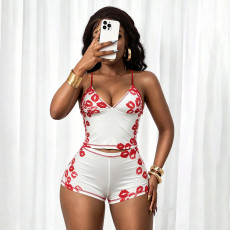Lips Print Sling Tight Two Piece Short Set GZJQ-K6S06633A