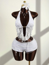 Solid Color Halterneck Backless Top Short Suit GXIY-K26L2399